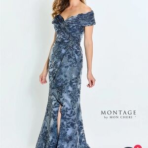 Montage by Mon Cheri Navy Off-Shoulder  Gown